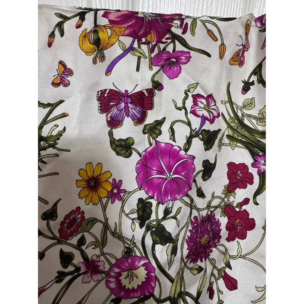 Vintage 100% Silk Floral Butterfly Scarf Magenta White Botanical Square Scarf